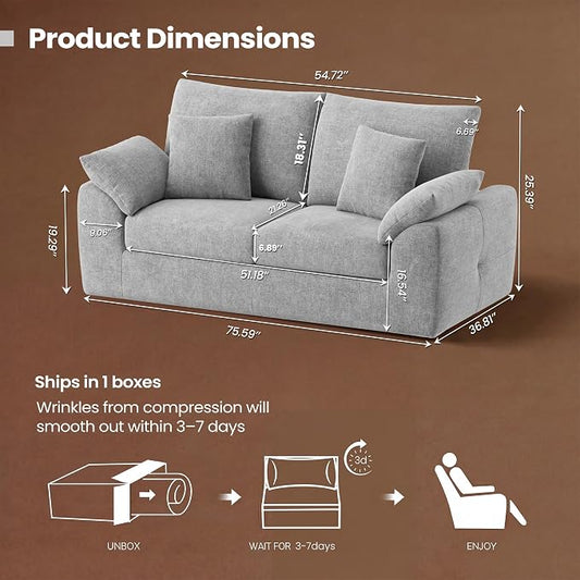 75.6" Boneless Loveseat Sofa, Polyester Fabric 2-Seater Couch with 4 Pillows, No Assembly Required, Soft High Density Foam Cushion, Rectangular Track Arm Sofa for Living Room Bedroom Apartment (Grey)