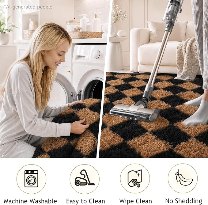 Ophanie 8x10 Black & Beige Diamond Checkered Rugs for Living Room Bedroom,Large Rhombus Fluffy Soft Fuzzy Area Rugs,Plush Shaggy Bedside Floor Carpet Kids Baby Dorm Decor with Over 99 pcs Pile fibers