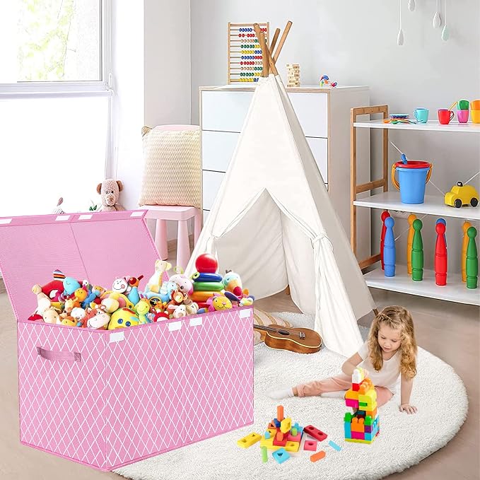 Toy Box Chest Organizer Bins for Girls Boys, Kids Large Fabric Collapsible Storage Basket Container with Flip-Top Lid & Handles for Clothes,Blanket,Nursery,Playroom,Bedroom (Pink)