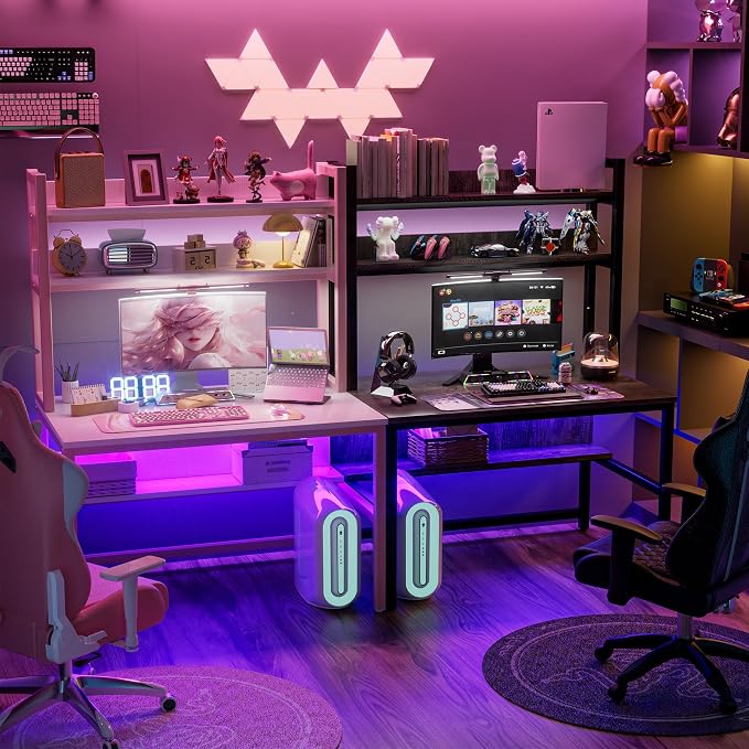 Aquzee Pink Girls Desk Hutch, 47in Woman Computer Desk with Bookshelf & Storage Shelves, Space Saving Girls Writing Study Craft Table for Bedroom Kids Room, White Wood & Pink Iron Home Office Desks