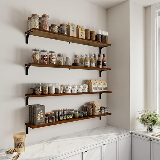 12 Inch Deep Floating Shelves Set of 4, 60 Inch Extra Long Walnut Solid Wood Wall Shelves, 5ft Heavy Duty Farmhouse Wall Mounted Shelving for Kitchen, Living Room & Bedroom