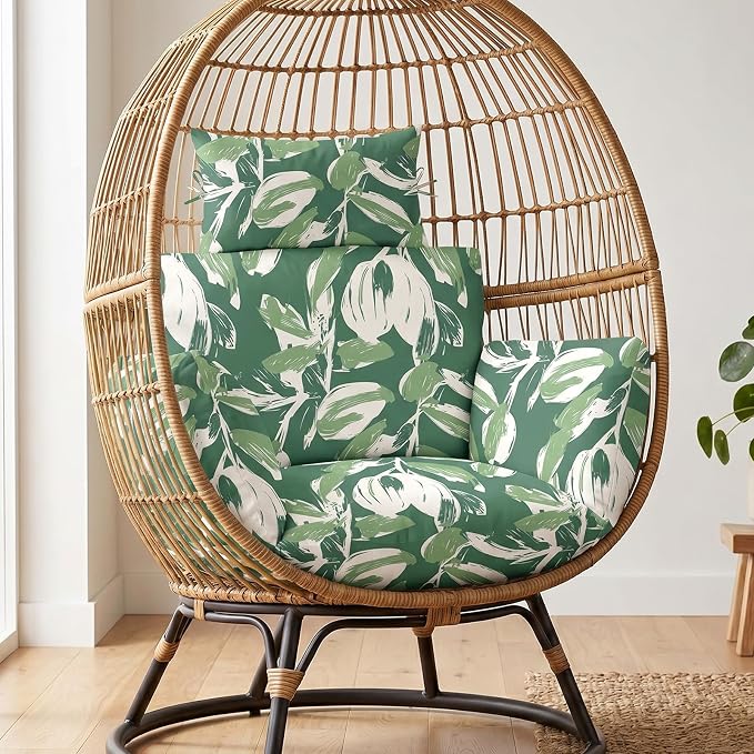 MAGIC ELEPHANT Egg Chair Cushion, Memory Foam Indoor Outdoor Hanging Egg Chair Cushion Replacement, Patio Basket Swing Cushion with Headrest (Forest Green Tulip)