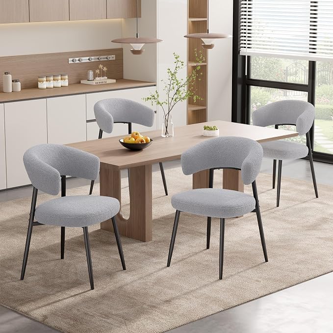 Dining Chairs Set of 2, Mid Century Modern Kitchen Chairs, Boucle Upholstered Dining Chair with Curved Backrest & Metal Legs for Kitchen Dining Room, Grey