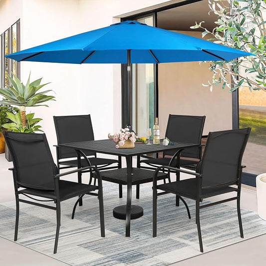 SUNCROWN 6 - Piece Outdoor Dining Set, Patio Furniture Set with 4 Textilene Dinning Chairs, 1 Steel Slat Metal Bistro Table and 1 Sky Blue 9Ft Patio Umbrella for Lawn Garden Backyard Deck, Black