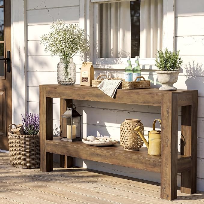 LITTLE TREE 63-Inch Entryway Console Table, Long Farmhouse Narrow Sofa Table for Living Room, Hallway, Entry, Entrance, Foyer, Behind Couch with 2-Tier Shelves, Rustic Brown