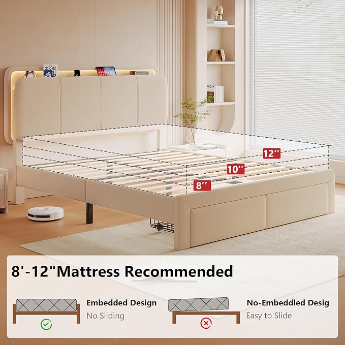 Feonase Full Upholstered Bed Frame with Headboard and 2 Storage Drawers, Built-in Charging Station, Velvet Platform LED Bed with Solid Wood Slat Support, No Box Spring Needed, Beige