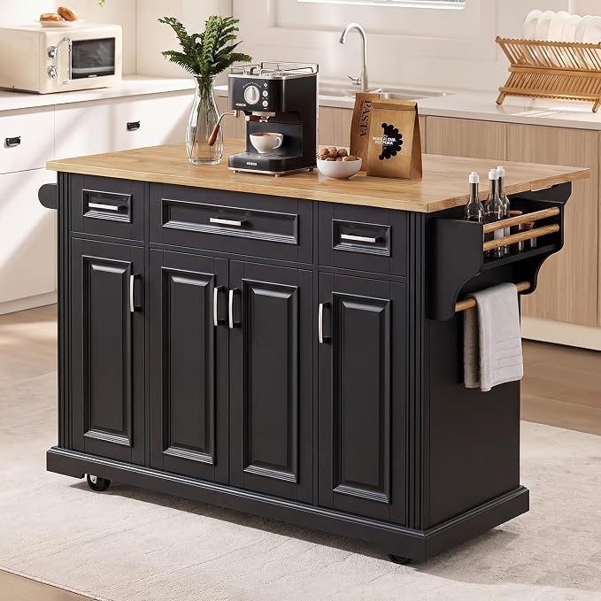 Large Kitchen Island with Rubber Wood Drop Leaf, Rolling Kitchen Cart with Ample Storage on Wheels with Doors and Drawers, Embossed Texture for Dining Room (Black, Silver Handle, 54Inch)