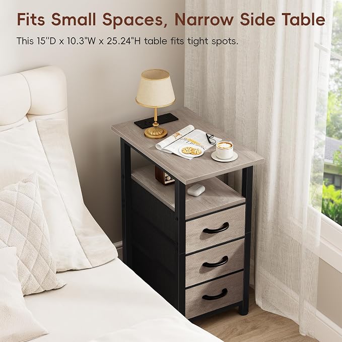 Vagusicc Set of 2 Nightstand with Charging Station and LED Lights, Narrow End Table, LED Night Stand with 3 Fabric Drawers for Bedroom, Small Bedside Table, Narrow Side Table for Small Spaces, Greige
