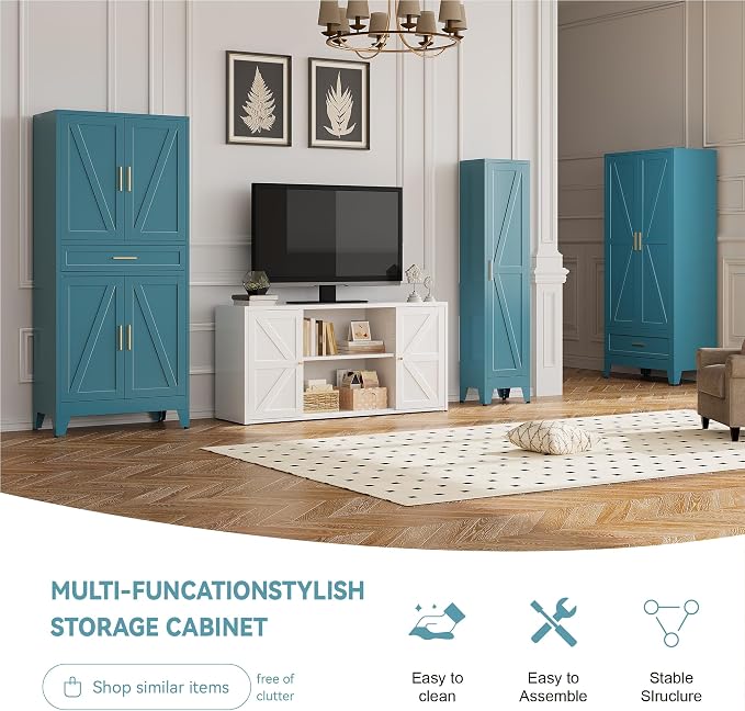 Baborokic 71" Tall Metal Storage Cabinet with Adjustable Shelves,Farmhouse Kitchen Pantry Cabinet with 2 Barn Doors and Drawer,Large Storage Cabinets for Dining Room,Bathroom,Living Room(Blue)