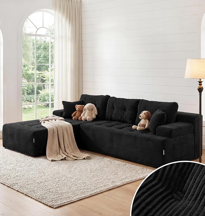 Hobestluk Modular Sectional Sofa Couches L-Shape Couch 3 Seat Modular Sofa Memory Foam Sectional Couches for Living Room, Cloud Couch with Oversized Chaise (Ebony Corduroy, 108", Left Hand Facing)