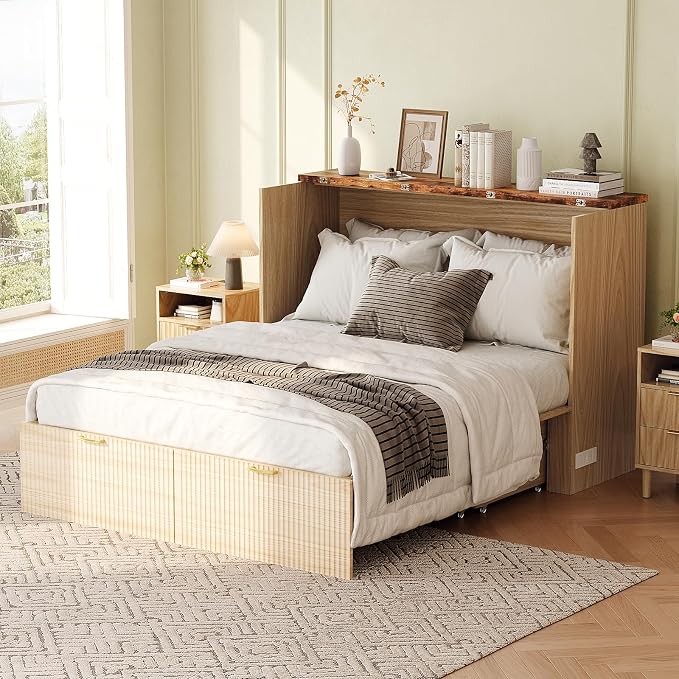VINGLI Queen Murphy Bed with Storage Drawer,2 Charging Station,Fluted Wooden Foldable Bed Cabinet,Boho,Hideaway Paltform Panel Bed for Small Spaces,Guest Room,Office,Apartment,Beige