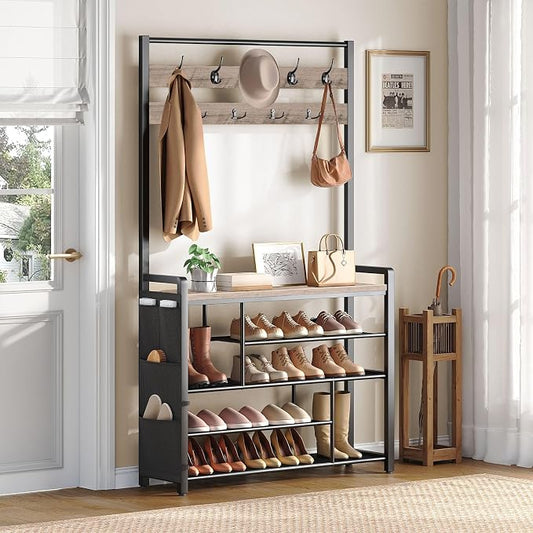 HOOBRO Hall Tree with Bench, Shoe Rack with Coat Rack, 39.4" Coat Rack with Shoe Storage, 5 Tier Shoe Storage Organizer, Oxford Fabric Side Pockets, Coat and Shoe Rack Entryway, Greige BG46MT01