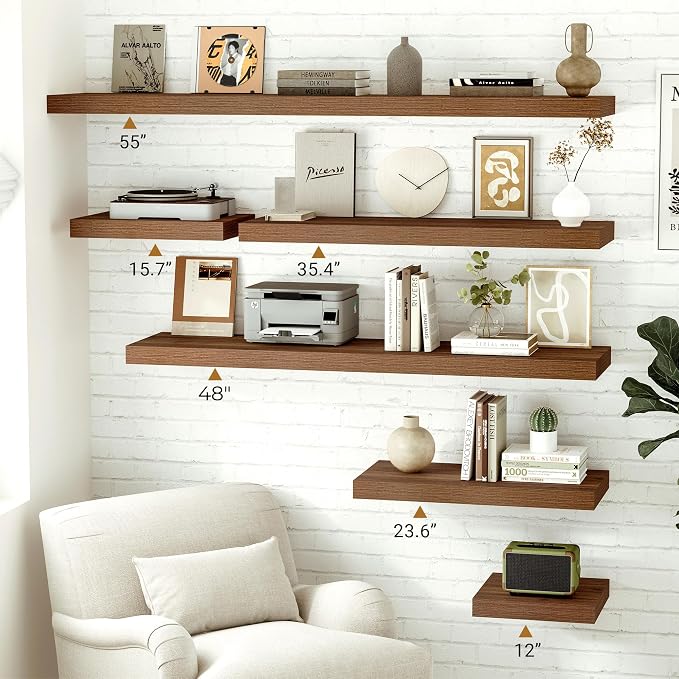 Vivelove Rustic Floating Shelves for Wall 12 Inch Deep, 48" X 12" X 1.5" Floating Shelf, 2 Inch Thick Shelf for Living Room Bathroom Bedroom Kitchen Office, Rustic Farmhouse Decor Set of 2, Walnut
