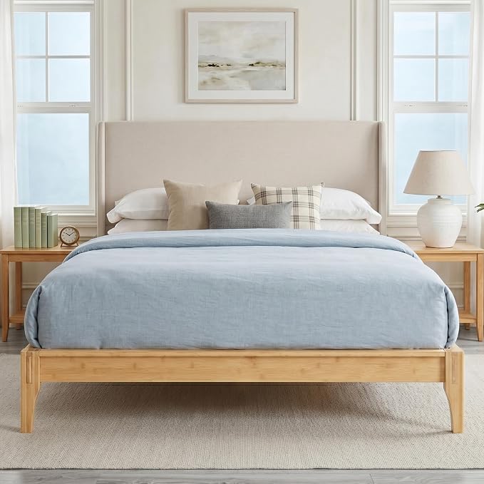 Merax Bamboo Wood 12 Inch Platform Bed with 48" Upholstered High Headboard | Queen Size Bed Frame with Wood Slat Support, No Box Spring Needed, Easy Tool-Free Assembly, Beige+ Natural