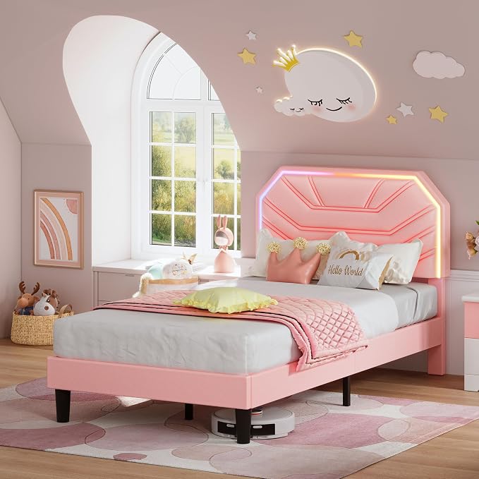 LIKIMIO Twin XL Bed Frames with LED Light Headboard, Upholstered Modern Cama Twin XL Platform Bed Frame with Heavy Duty Supports, No Box Spring Need, Noise Free, Easy Assembly, Pink