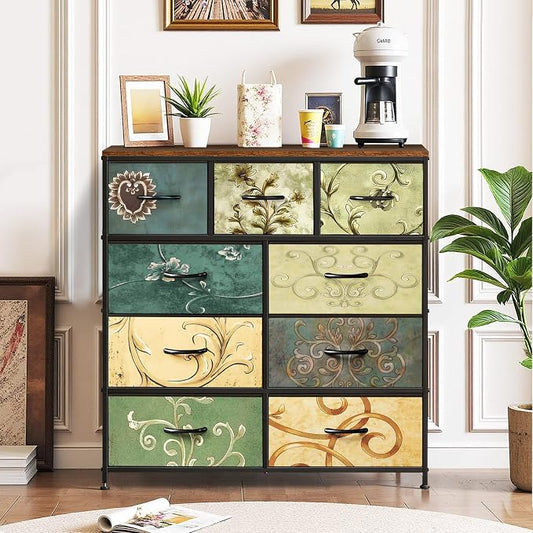 9-Drawer Dresser for Bedroom, Anti-Tip Tall Storage Organizer Chest of Drawers with Wooden Top and Metal Frame Fabric Bins for Closet, Living Room, Hallway, Entryway, Floral Painted