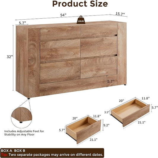 OKD 6 Drawer Dresser for Bedroom, 54" Wide Chest of Drawers with Thick Wood Design, Handleless, Modern Bedroom Dresser, Storage Organizer for Living Room/Entryway/Hallway, Light Knotty Wood