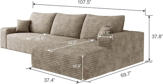 107" Oversized L Shaped Couch with Chaise, Minimalist Compressed Boneless Couch No Assembly Required, Modular Cloud Sectional Sofa for Living Room Bedroom, Right Facing Chaise, Plush Corduroy, Camel