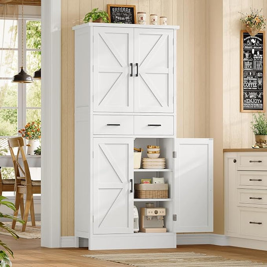 TEENFON Farmhouse Pantry Cabinet, 66.9″H Tall Kitchen Storage Cabinet with Barn Doors, Adjustable Shelves & Drawer, Freestanding Cupboard for Kitchen, Dining Room, Living Room, Bathroom, White