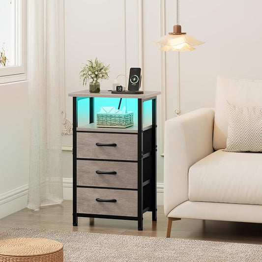 Vagusicc Night Stand with Charging Station, LED Nightstand for Bedroom, Bedside Table with 3 Fabric Drawers, End Table Side Table with USB Ports and Outlets, Bed Side Table for Bedroom, Greige