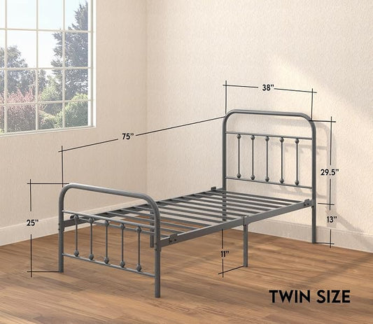 Golden Gate Beds Vintage Wrought Iron Bed Frame with Classic Metal Platform Base, Headboard and Footboard, No Box Spring Needed, Easy Assembly, Mattress Foundation, Sleek Silver Finish - Twin Size