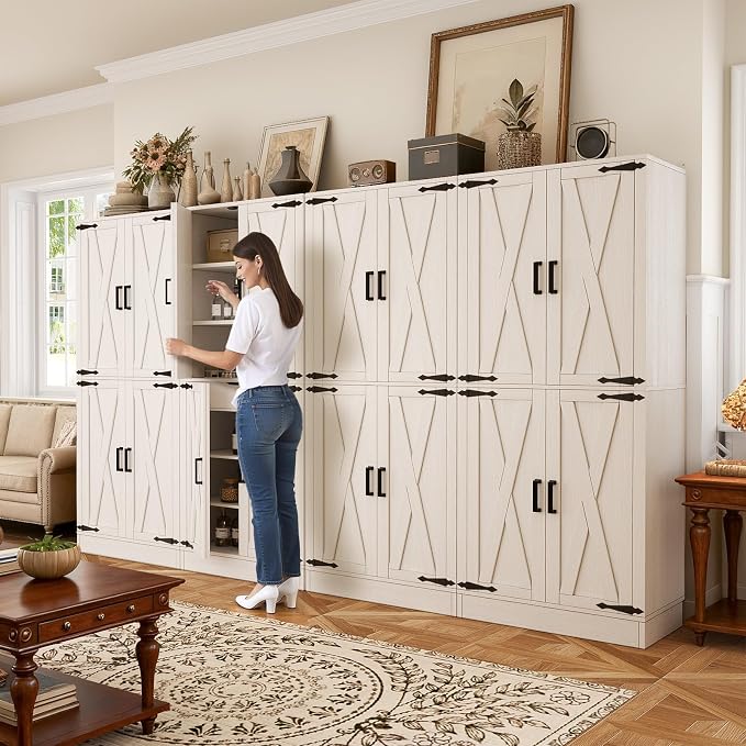Unikito 71" Tall Kitchen Pantry Cabinet with Farmhouse Barn Doors and Storage Drawer, 8 Adjustable Shelves, Freestanding Cupboard for Dining Room, Living Room, Utility Room, White, 2 Pack
