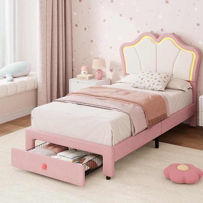 Garvee Twin Bed Frame with Storage, Upholstered LED Bed Frame with Headboard, Cute Velvet Platform Bed Frame for Kids, Girls, Solids Wood Slats Support, No Box Spring Needed, Easy Assembly, Pink+White