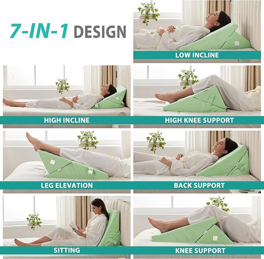 Wedge Pillow for Sleeping, Adjustable 9&12 Inch Foldable Bed Wedge Pillow Set, Orthopedic Memory Foam Triangle Pillows Wedge, 7-in-1 Elevated Pillows for Leg and Back Support, Green