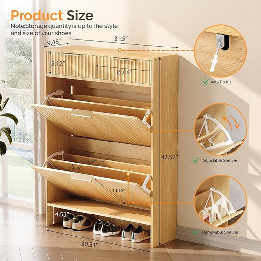VINGLI Fluted Shoe Cabinet for Entryway, Slim Shoe Storage Cabinet with 2 Flip Drawers & 2 Top Drawers, Modern Hidden Shoe Rack Organizer with Adjustable Shelves, Narrow Freestanding Console, Oak