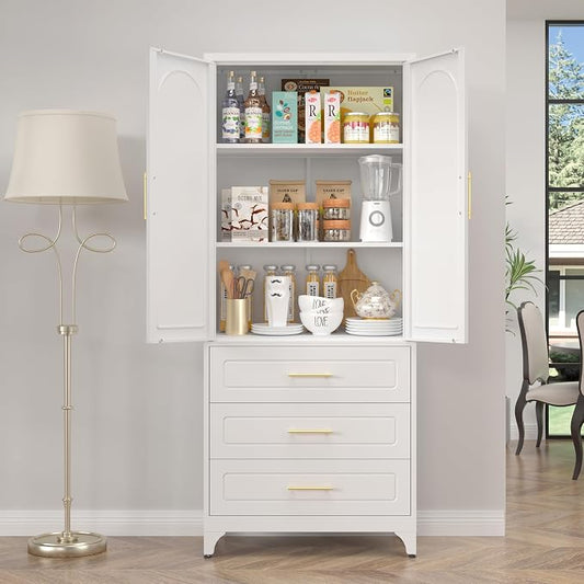 SteeLoong Metal Kitchen Pantry Cabinet with 3 Drawers,75 Inch White Food Pantry Cabinets for Kitchen Storage with 2 Adjustable Shelves,Tall Storage Cupboard for Living Room,Dining Room Office