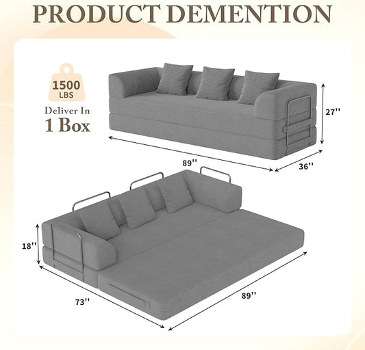 89" Cloud Boneless Convertible Sofa Bed, 5-in-1 Foldable Compressed High-Density Sponge Sofa, Corduroy Fabric 3 Seater Sleeper Couch Futon Daybed for Living Room Bedroom (Gray) | 5-in-1 Foldable