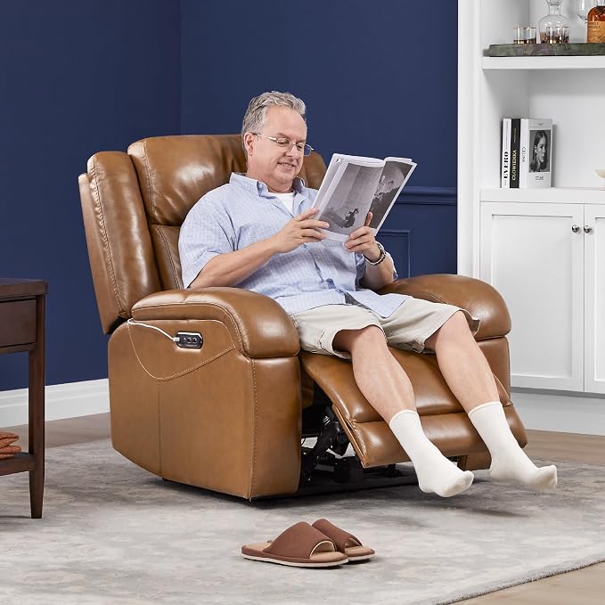 Watson & Whitely Oversized Genuine Leather Power Recliner Chairs for Big and Tall, Wall Hugger Recliner with Power Headrest & Charging Ports, Extra Large Reclining Chair for Living Room, Saddle Brown