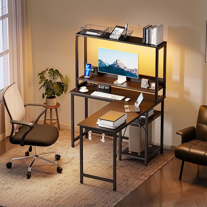 DUMOS L Shaped Desk Gaming Desk with LED & Power Outlet 43 in Reversible Corner Computer Table with Adjustable Shelf & CPU Stand, Home Office Writing Table, Black