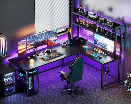 ODK L Shaped Gaming Desk with Hutch, Computer Desk with Storage Shelves, 66" L Shaped Desk for Home Office, Corner Desk with Headphone Hook, Black