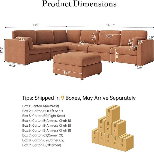 Oversized Modular Sectional Sofa V-Shaped Cloud Couches Brown | Large Deep Seat Couch for Living Room, 7-Seater Luxury Corner Sofa with Ottoman, Solid Wood Frame, Removable Washable Cover