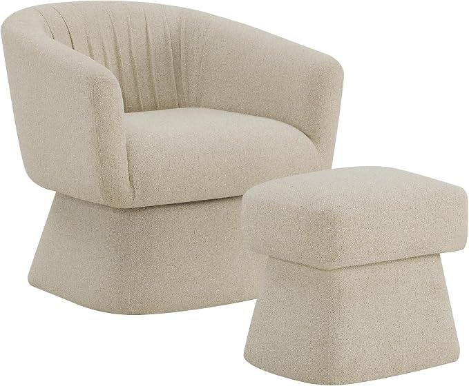 Zerel's Home Swivel Accent Chair with Ottoman, Upholstered Barrel Accent Chair, Modern Accent Chair with Pleated Backrest and Arms, Boucle Armchair for Living Room Bedroom, Sand