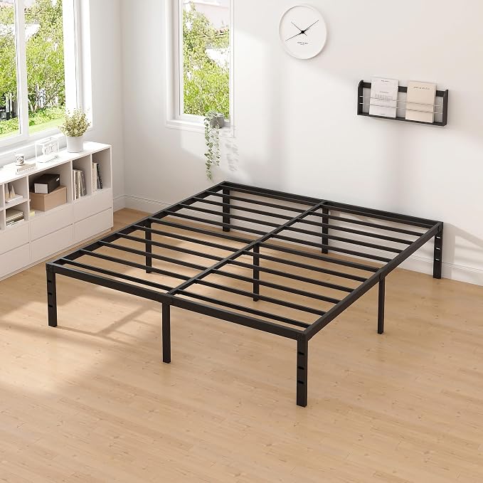 NEW JETO Metal Bed Frame,Queen Size Bed Frame with Storage Space,Heavy Duty Sturdy Mattress Foundation, Easy Assembly,No Box Spring Needed, Black,12 Inch,Queen