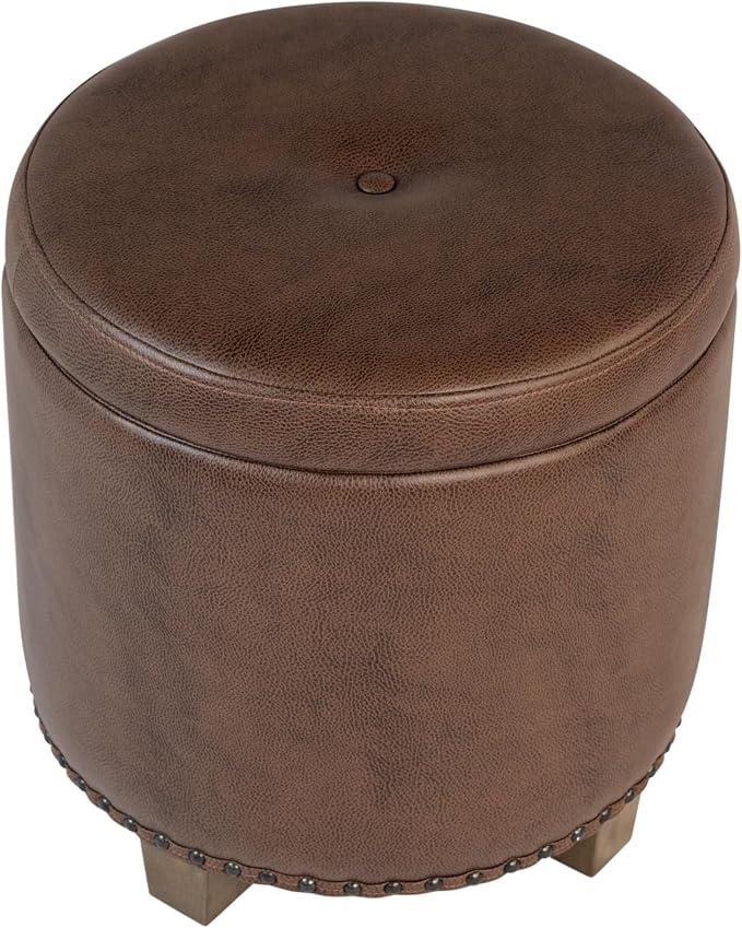 HomePop 18.5" Round Storage Ottoman with Nailheads - Brown Faux Leather
