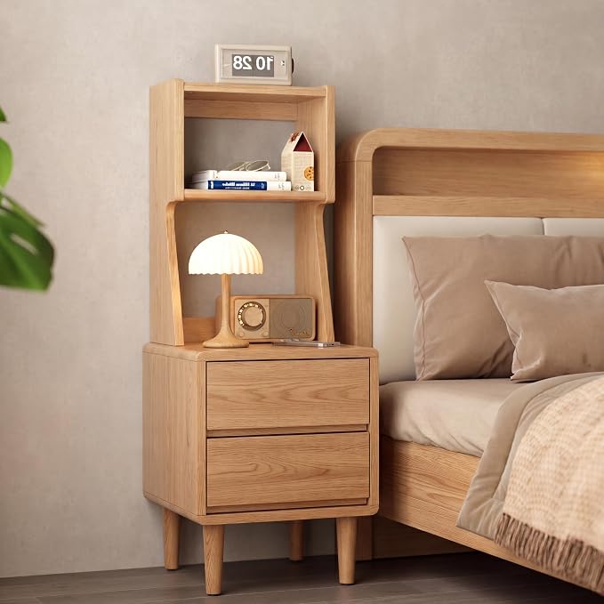 Solid Wood Bookshelf with Drawers,Narrow bookcase with Storage Shelves,Tall Nightstand with Drawers,Mid Century Modern Nightstand,Open Shelf Bookcase,Small Book Shelf for Bedroom,Living Room,Offices