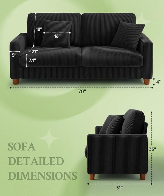 Welzona 70.2" Couches for Living Room, Comfy Black Couch 7.1" Extra Thick Cushion, Sofas for Living Room Tool-Free Setup, Loveseat Sofa 705lbs Support, Corduroy Couch for Bedroom, Apartment, Office