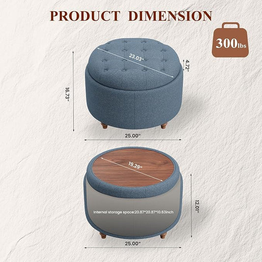 25Inch Round Ottoman with Storage, Tufted Fabric Modern Circle Ottoman with Reversible Tray Lid and Wood Legs, Multi-Functional Small Coffee Table for Living Room, Bedroom, Blue