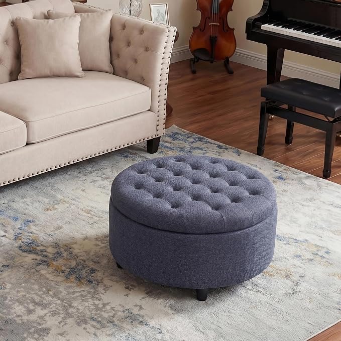 COLAMY Round Hidden Storage Ottoman with Reversible Tray Lid – Multi-Functional Footrest, Sturdy & Stylish Fabric Coffee Table for Living Room, Bedroom, or Entryway, Blue