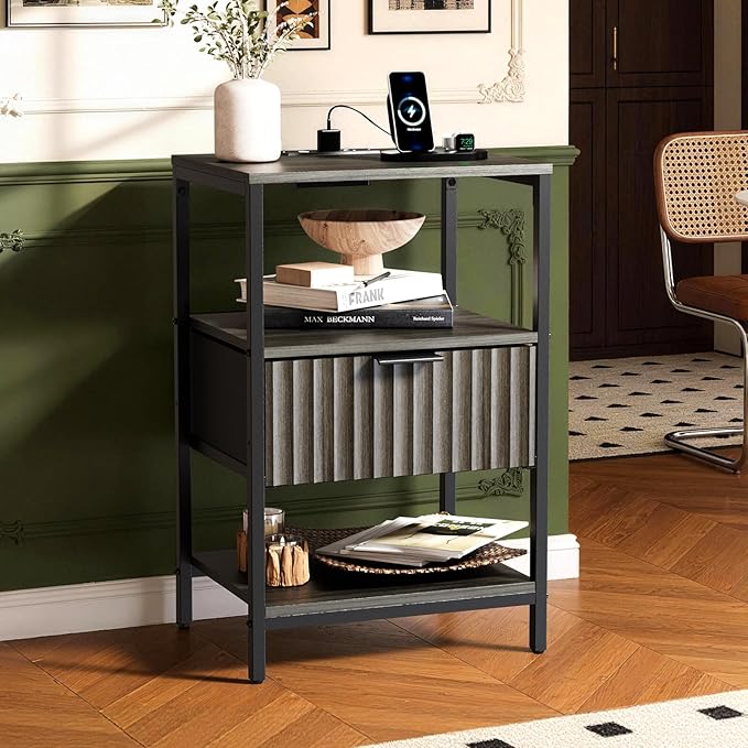 VINGLI Grey Night Stand with Charging Station and Fabric Drawer, Fluted Nightstand, Gray Nightstand with Drawer, Bed Side Table/End Table for Bedroom, Dorm, 14.96" W*11.81" D*23.7" H, 1 pc