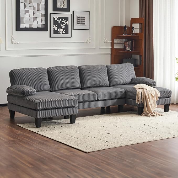 VINGLI 110" Sectional Couches for Living Room,U Shaped Couch with Double Chaise, 4-Seat Sofa Set with Corduroy Fabric for Home Furniture,Grey