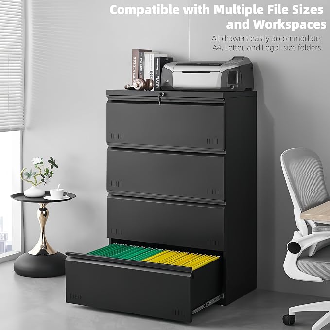Approgreent Lateral 4 Drawer File Cabient with Lock, Metal Filing Cabinets for Home Office, Heavty Duty Office Storage Cabinet for A4/Letter/Legal (Matte Black)