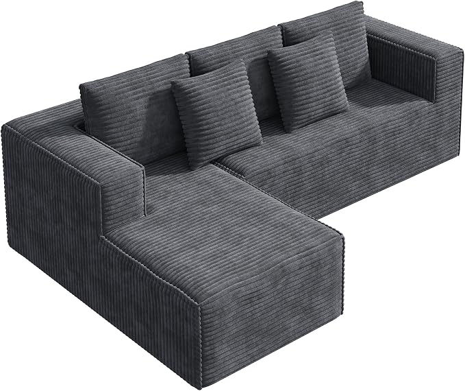 WLIVE 108'' Cloud Sectional Couches for Living Room, Modular Boneless Couch with Right Facing Chaise, L Shape Memory Foam Corduroy, with Cushion, Grey