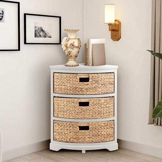 eHemco Hampton Meadows 3-Tier End Table, White, 14 x 14 x 25.5 Inch | 3 Wicker Baskets