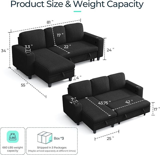 LINSY HOME Sectional Sleeper Sofa with Pull Out Couch Bed - Convertible Plush Corduroy Cloud Couch with Storage Chaise & USB Charging, Comfy L Shaped Modular Couches for Living Room Apartment, Black