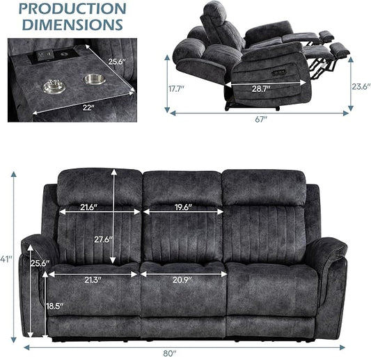 Zero Gravity Power Reclining Sofa with Adjustable Headrest, Electric Reclining Couch with Wireless Charge, USB Ports, Power Loveseat Recliner Sofa for Living Room (Grey-Sofa)