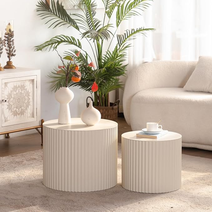 Nesting Round Coffee Table Set of 2, Morden End Table for Small Spaces, Drum Side Table, Circle Wooden Center Table for Living Room, Fully Assembled